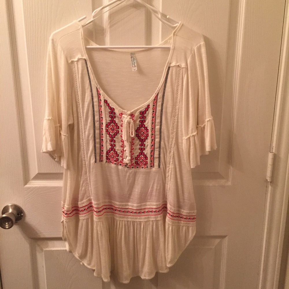 Free People Cream and Red Tunic Top
